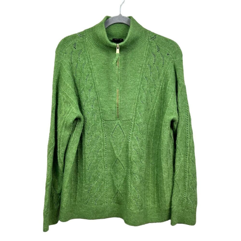 Talbots Petite Womens Sweatshirt Quarter Zip Mock Neck Open Knit Green Size Lp*